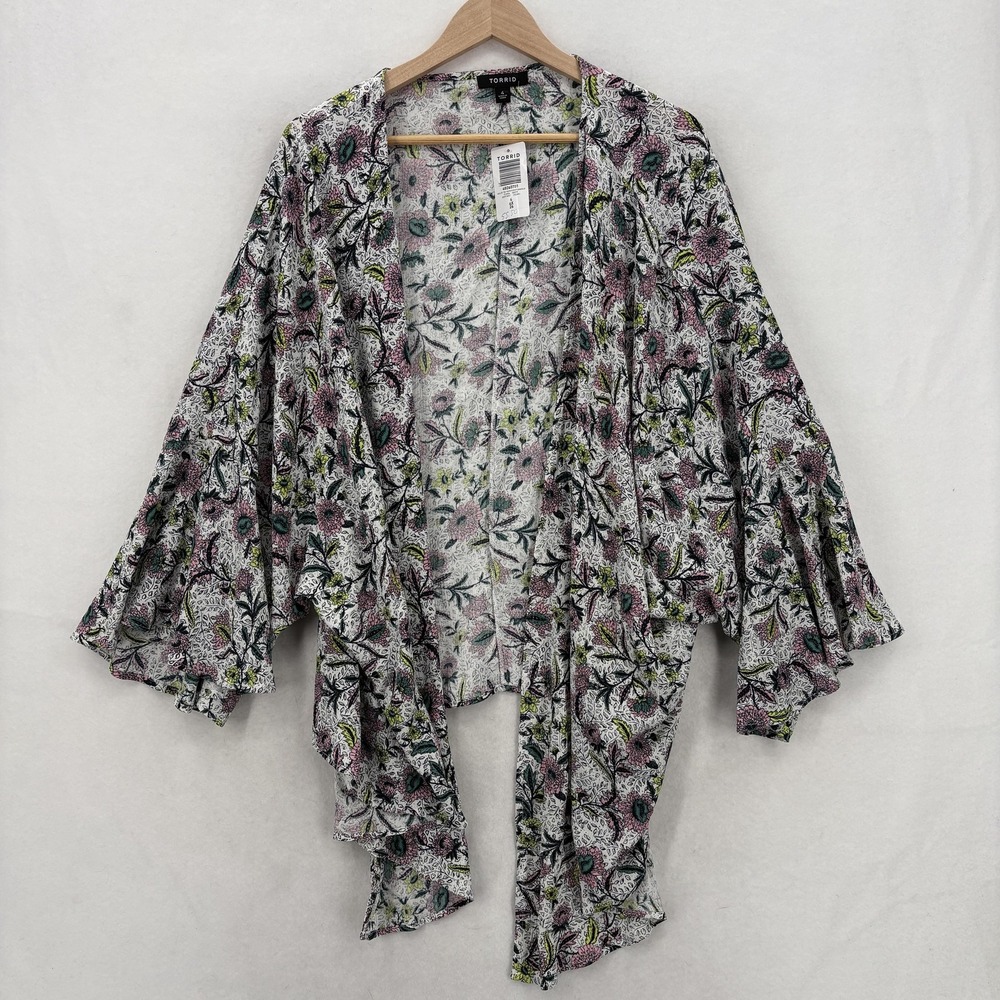 Torrid Gauze Tie Front Crop Kimono Cardigan Womens 4X White Floral Boho Flowy